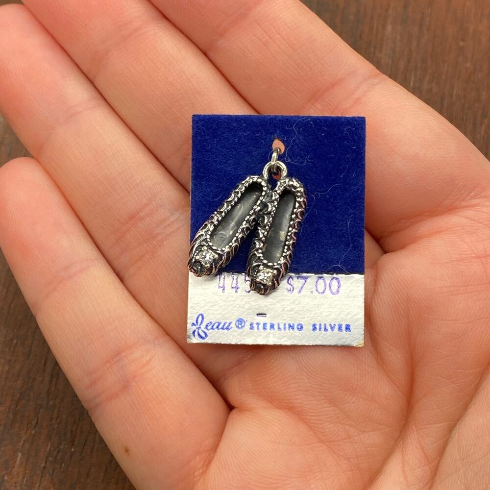 Vintage Beau 925 Sterling Silver Ballet Slippers w/ Rhinestones Pendant Charm